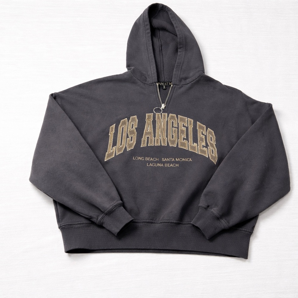 Los Angeles Cropped Hoodie Half Zip Faded Black Oversized